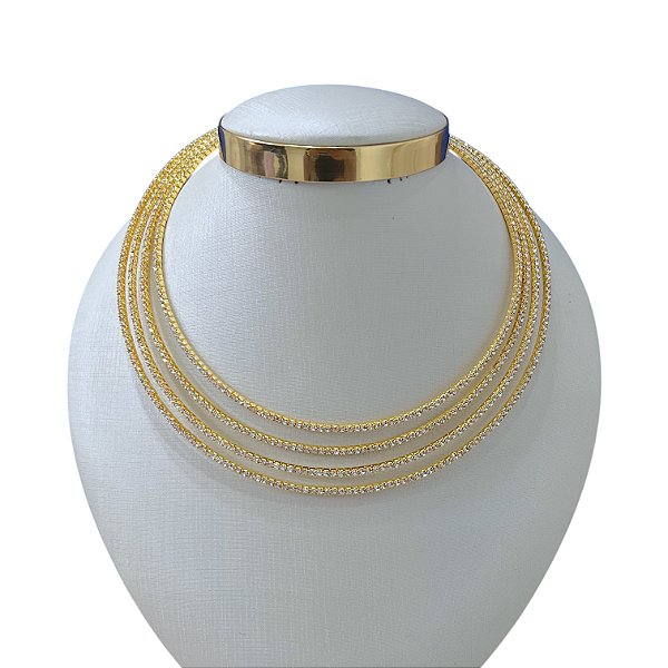 Choker Aro Bijuteria Dourado e Prata Tiras de Strass