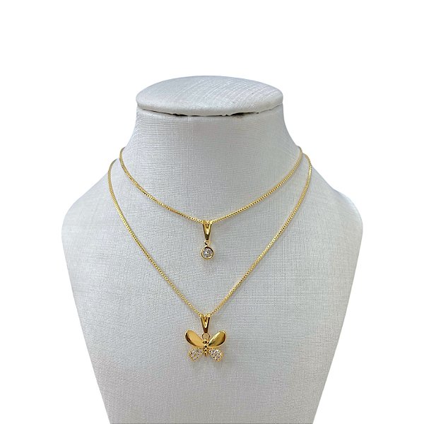 Colar Duplo Folheado Ouro 18k Borboleta Cravejada