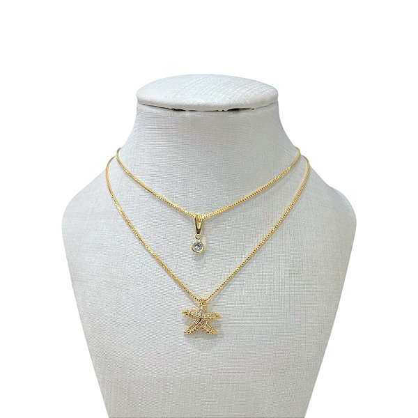 Colar Duplo Folheado Ouro 18k Estrela do Mar Cravejada