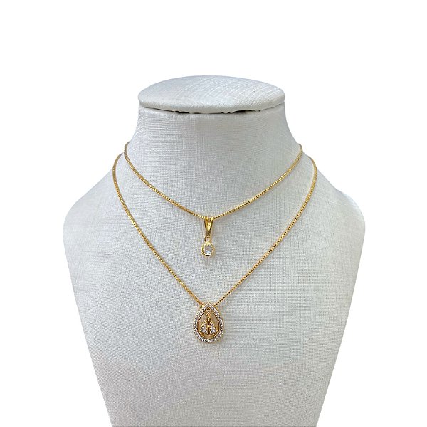 Colar Duplo Folheado Ouro 18k Nossa Senhora Cravejada Gota