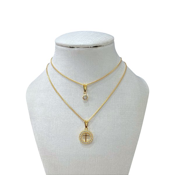 Colar Duplo Folheado Ouro 18k Cruz Cravejada Redonda