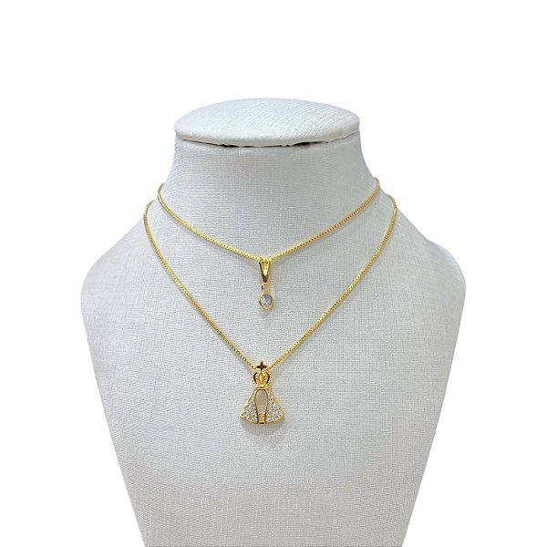 Colar Duplo Folheado Ouro 18k Nossa Senhora Cravejada