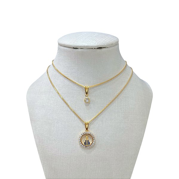 Colar Duplo Folheado Ouro 18k Nossa Senhora Cravejada Redonda