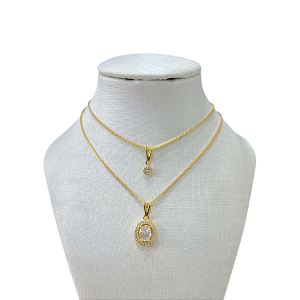 Colar Duplo Folheado Ouro 18k Ponto de Luz Cravejado Redondo