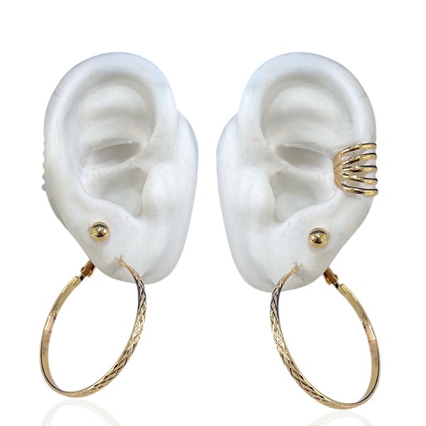 Trio Brincos e Piercing Fake Bijuteria Prata e Dourado Bolinha