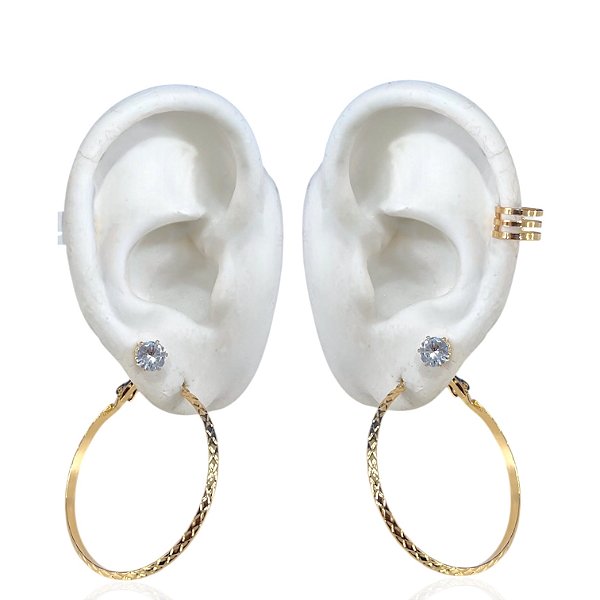 Trio Brincos e Piercing Fake Bijuteria Prata e Dourado Ponto de Luz