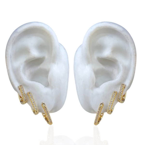 Trio Brincos Folheado Ouro 18k e Prata 925 Argolas Quadrada Cravejada