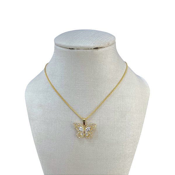 Colar Folheado Ouro 18k Borboleta Cravejada