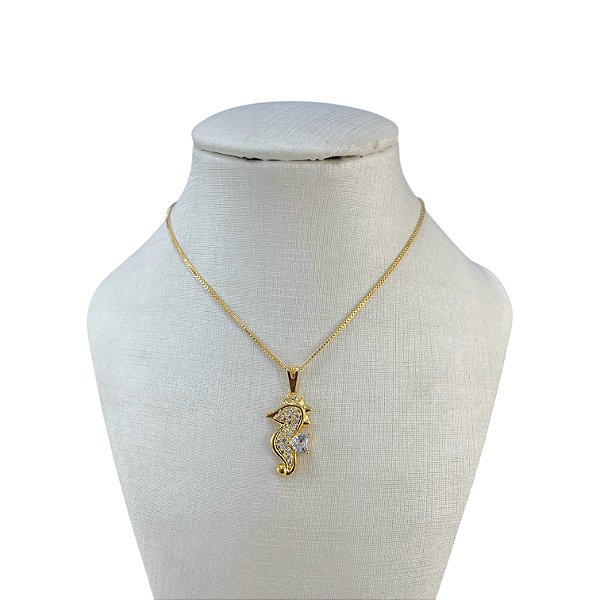Colar Folheado Ouro 18k Cavalo Marinho Cravejado