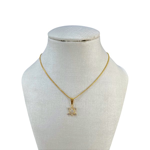 Colar Folheado Ouro 18k Tartaruga Cravejada