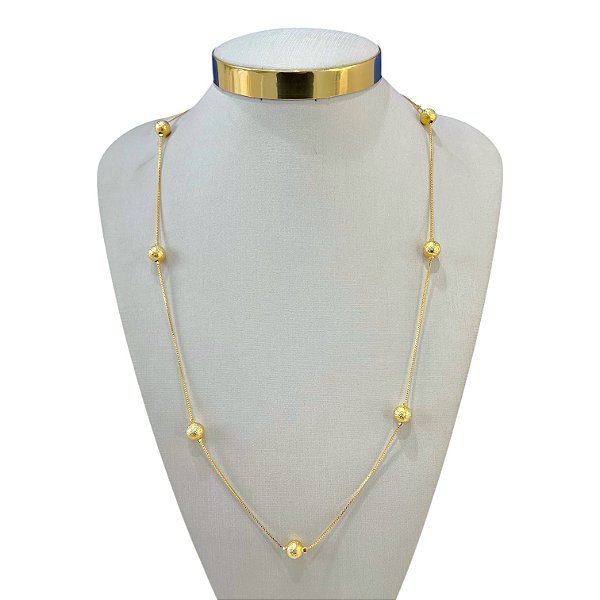 Colar Longo Folheado Ouro 18k Bolinhas Trabalhada