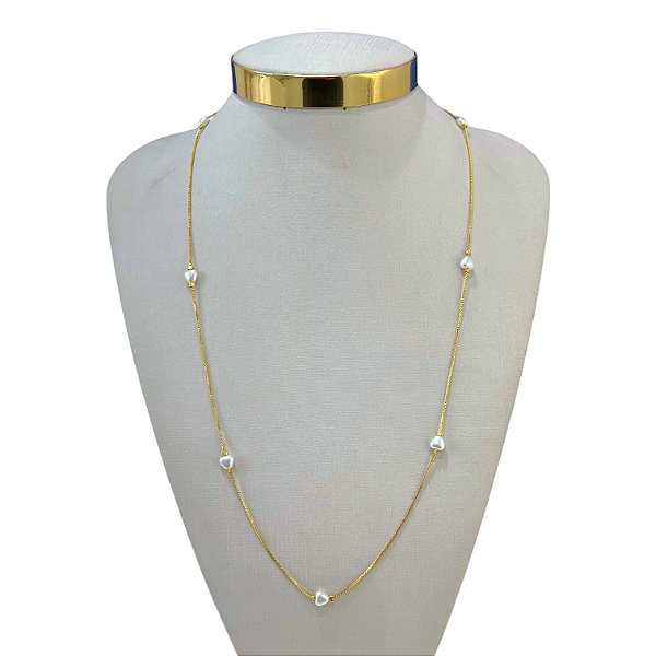 Colar Longo Folheado Ouro 18k Corações Pérolas