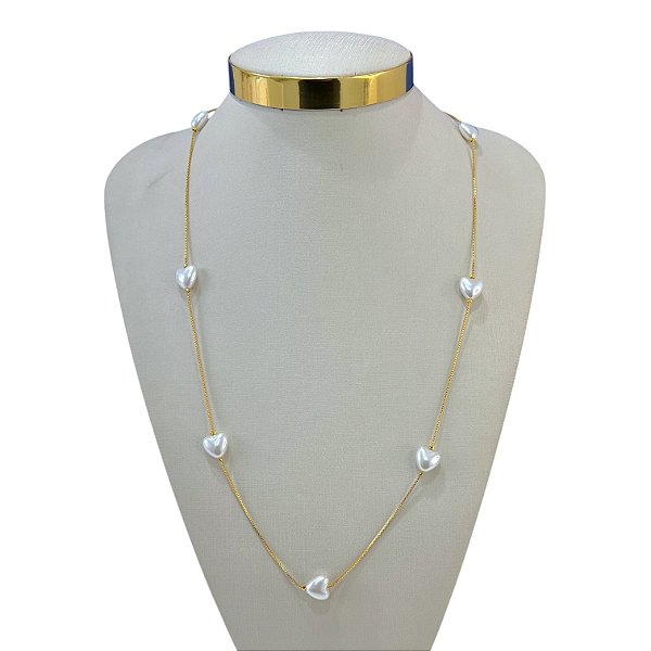 Colar Longo Folheado Ouro 18k Corações Pérolas