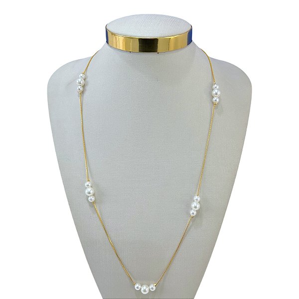 Colar Longo Folheado Ouro 18k Bolinhas Pérolas