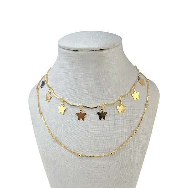 Colar Duplo Folheado Ouro 18k e Prata 925 Borboletas Bolinhas