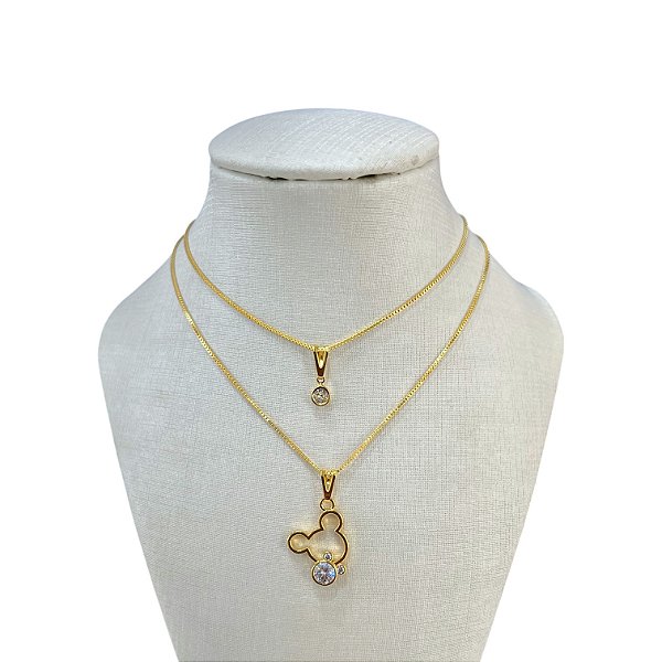 Colar Duplo Folheado Ouro 18k e Prata 925 Mickey Cravejado