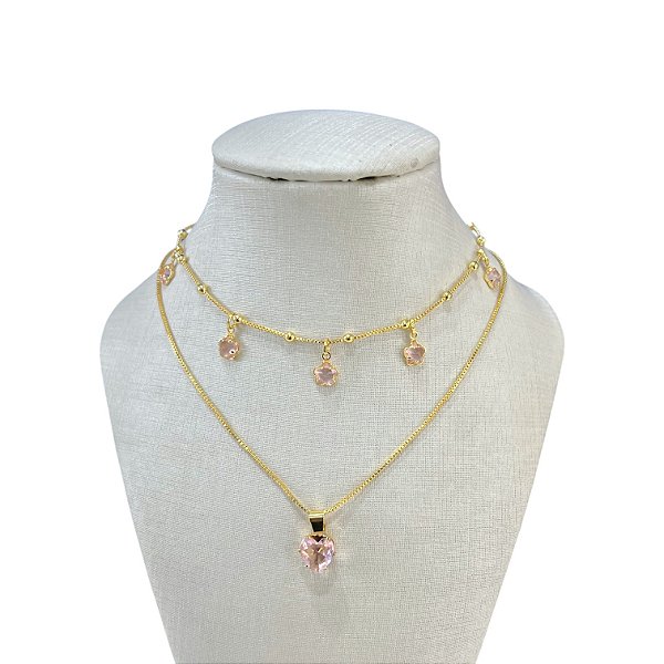 Colar Duplo Folheado Ouro 18k e Prata 925 Trevos Coração Cristal