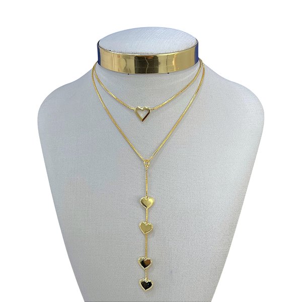 Colar Duplo Folheado Ouro 18k e Prata 925 Corações Gravatinha