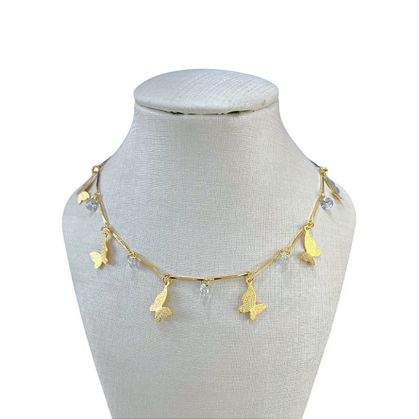 Choker Folheada Ouro 18k e Prata 925 Borboletas Ponto de Luz