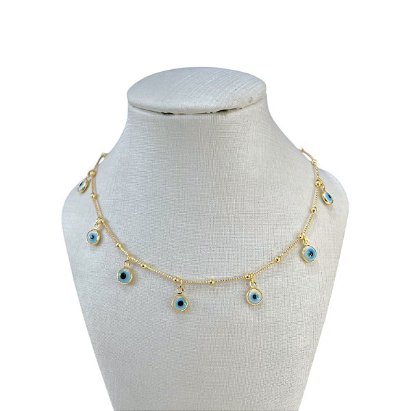 Choker Folheada Ouro 18k e Prata 925 Bolinhas Olho Grego