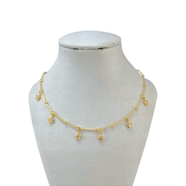 Choker Folheada Ouro 18k e Prata 925 Bolinhas Estrelas Cristais