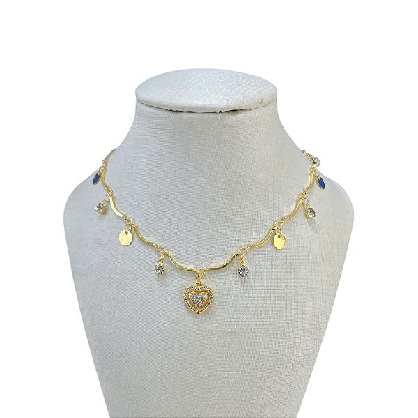 Choker Folheada Ouro 18k Coração Ponto de Luz