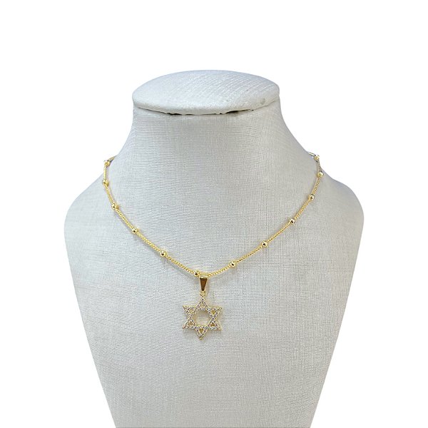 Choker Folheada Ouro 18k Bolinhas Estrela de Davi Cravejada