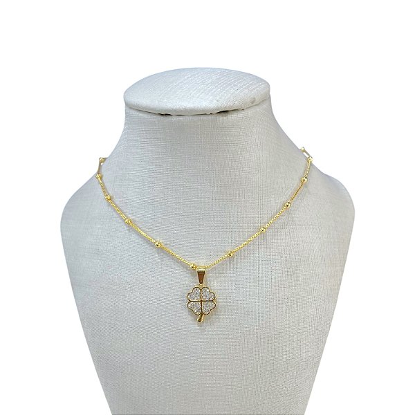 Choker Folheada Ouro 18k Bolinhas Trevo Cravejado