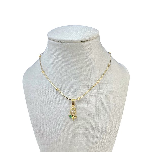 Choker Folheada Ouro 18k Bolinhas Flor Cravejada