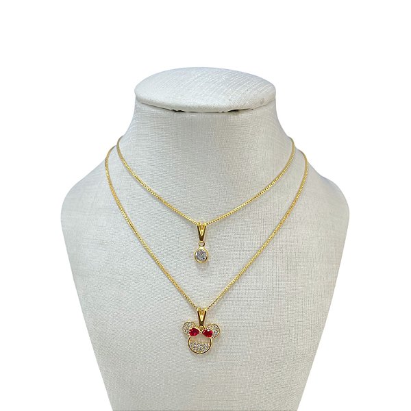 Colar Duplo Folheado Ouro 18k Minnie Cravejada