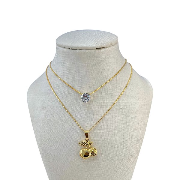 Colar Duplo Folheado Ouro 18k Ponto de Luz Cereja