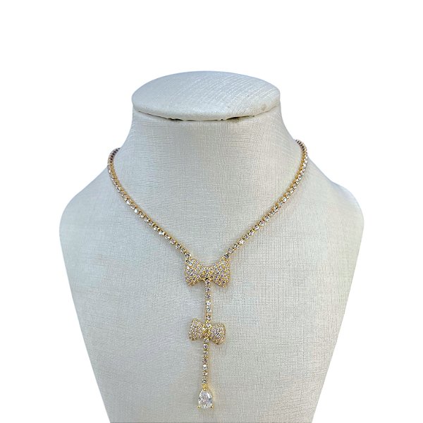 Colar Folheado Ouro 18k e Prata 925 Gravatinha Riviera Laços Cravejados