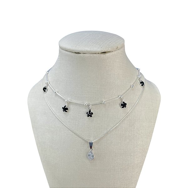 Colar Duplo Folheado Prata 925 Flor Cristais