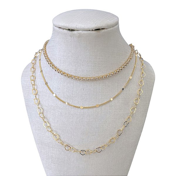 Colar Triplo Folheado Ouro 18k e Prata 925 Bolinhas Riviera Elos Corações
