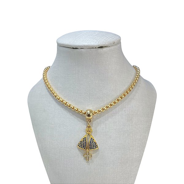 Colar Folheado Ouro 18k e Prata 925 Correntaria Nossa Senhora Cravejada
