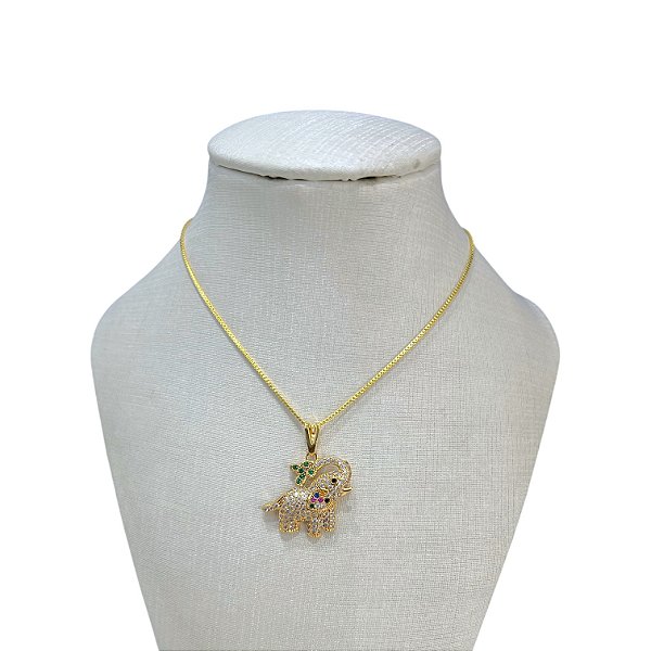 Colar Folheado Ouro 18k Elefante Cravejado