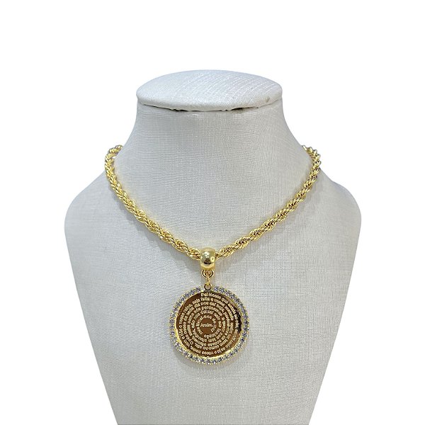 Colar Folheado Ouro 18k e Prata 925 Cordão Baiano Pai Nosso Strass