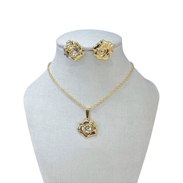 Conjunto Folheado Ouro 18k e Prata 925 Flor
