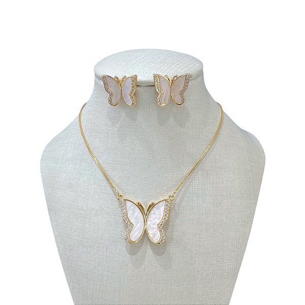 Conjunto Folheado Ouro 18k e Prata 925 Borboleta Madrepérolas Cravejada