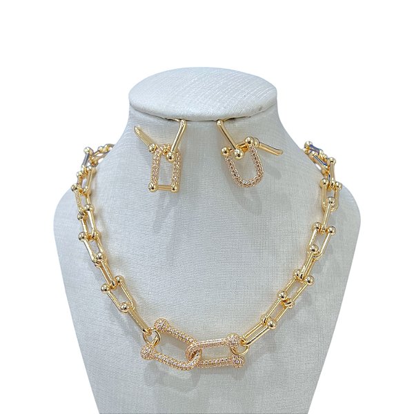 Conjunto Folheado Ouro 18K e Prata 925 Inspired Elos Cravejado