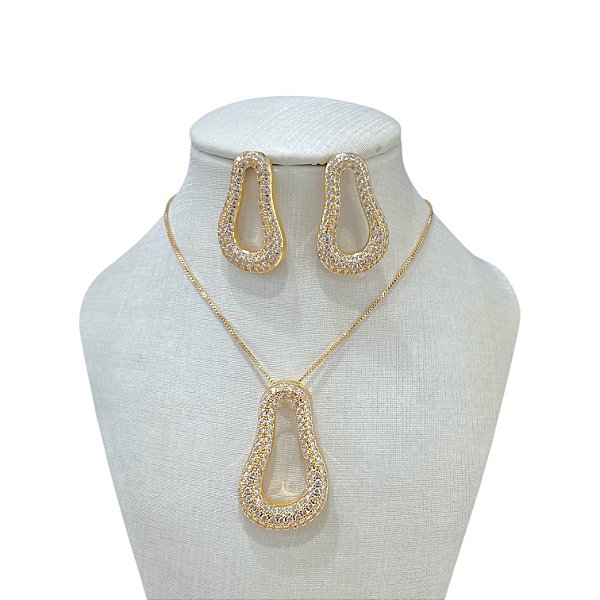 Conjunto Folheado Ouro 18K e Prata 925 Orgânico Cravejado