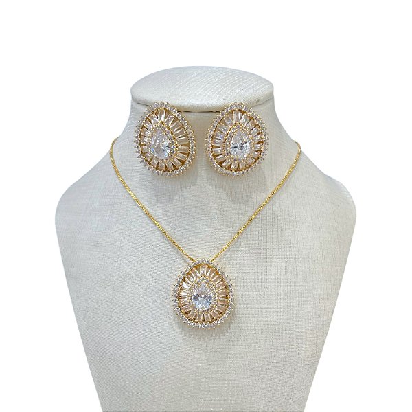 Conjunto Folheado Ouro 18k e Prata 925 Gota Cravejada