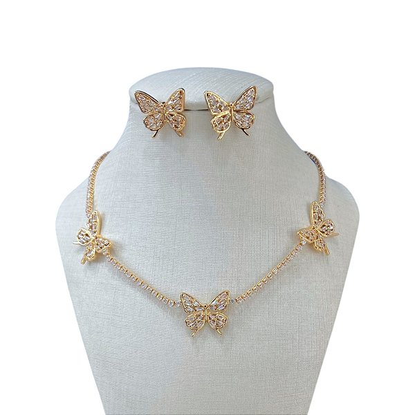 Conjunto Folheado Ouro 18k e Prata 925 Riviera Borboleta Cravejada