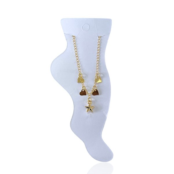 Tornozeleira Folheada Ouro 18k e Prata 925 Estrela Corações