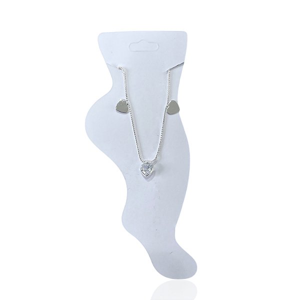 Tornozeleira Folheada Prata 925 Corações Ponto de Luz