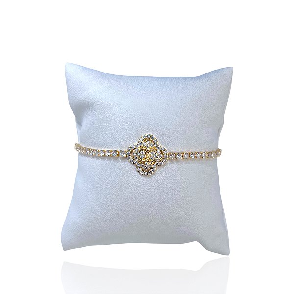 Pulseira Folheada Ouro 18k e Prata 925 Trevo Cravejado Inspired