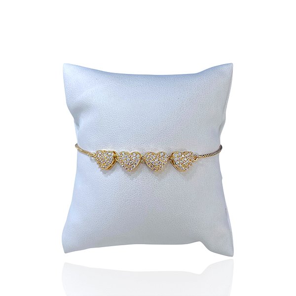 Pulseira Folheada Ouro 18k e Prata 925 Corações Cravejado