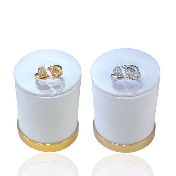 Anel Ajustável Bijuteria Dourado e Prata Corações Cravejado