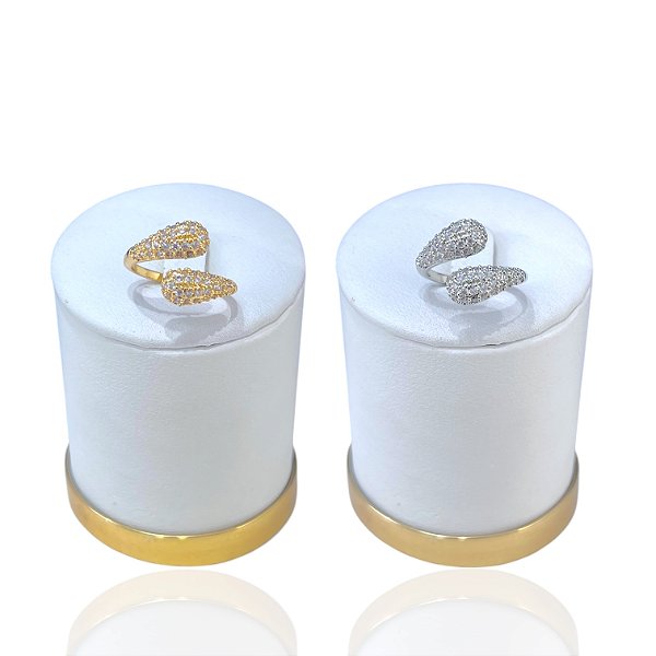 Anel Ajustável Bijuteria Dourado e Prata Gota Dupla Cravejada