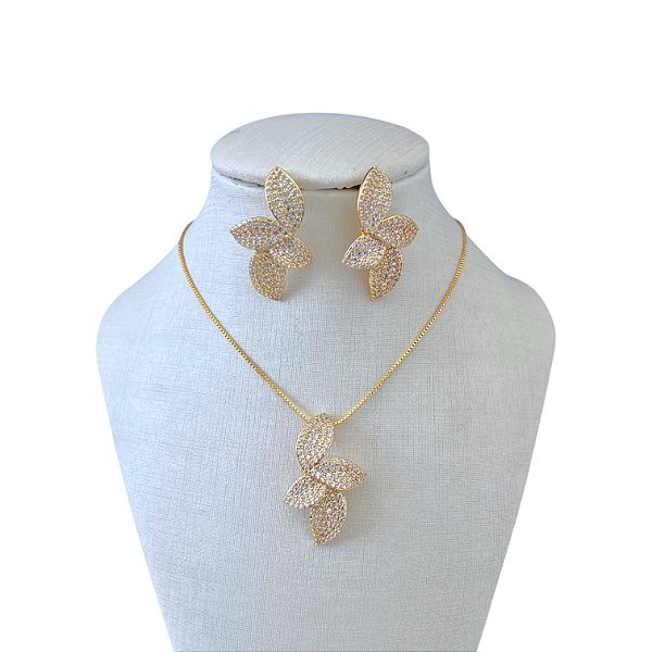 Conjunto Folheado Ouro 18k e Prata 925 Folha Cravejada